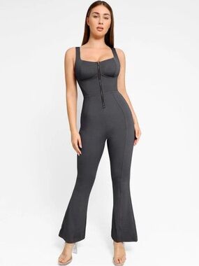 Popilush Shapewear Sculpting Denim Square Neck Tank Top Flare Jumpsuit
